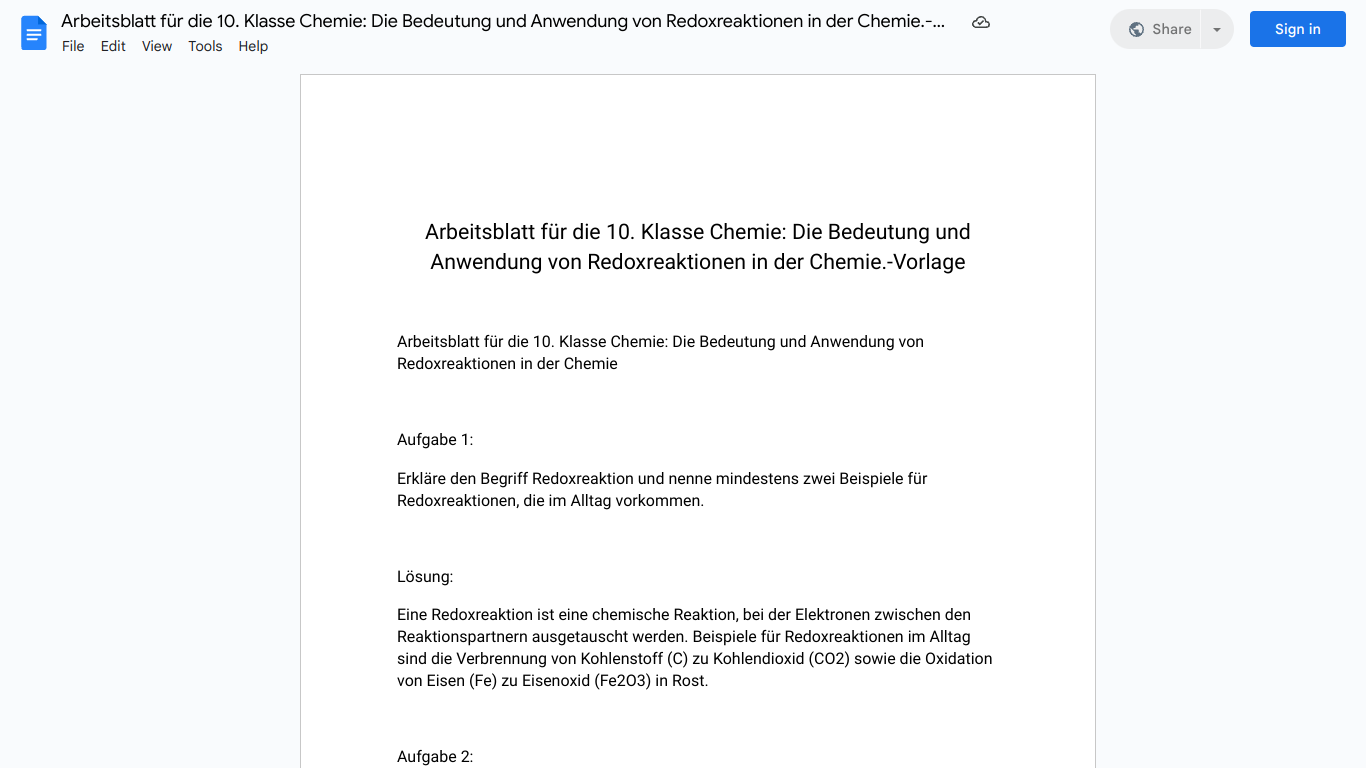 Arbeitsblatt für die 10. Klasse Chemie: Die Bedeutung und Anwendung von Redoxreaktionen in der Chemie.-Vorlage