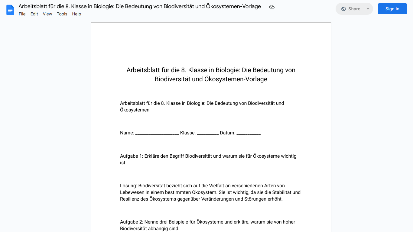 Arbeitsblatt für die 8. Klasse in Biologie: Die Bedeutung von Biodiversität und Ökosystemen-Vorlage