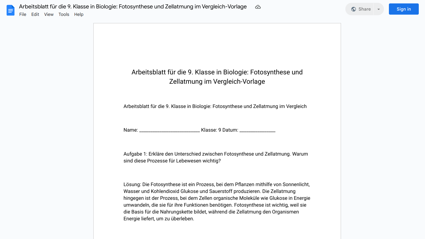 Arbeitsblatt für die 9. Klasse in Biologie: Fotosynthese und Zellatmung im Vergleich-Vorlage