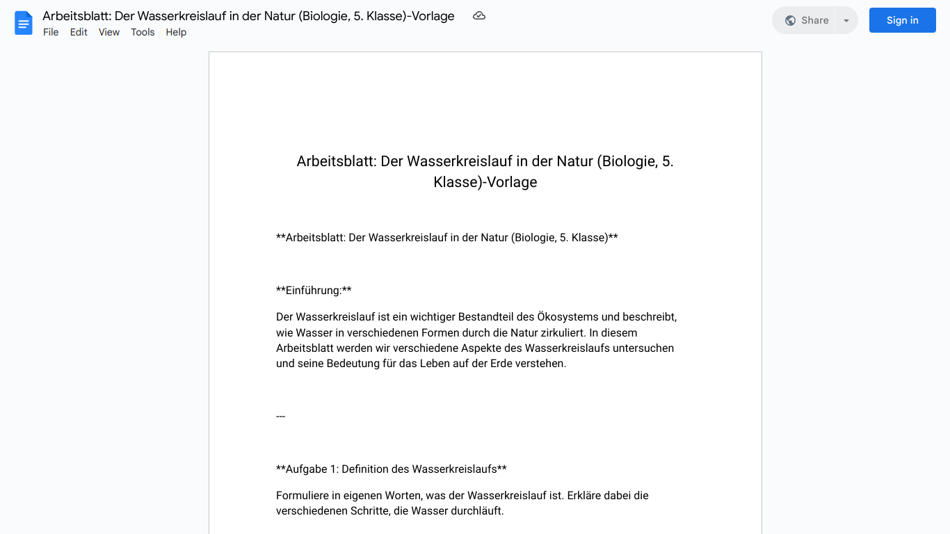 Arbeitsblatt: Der Wasserkreislauf in der Natur (Biologie, 5. Klasse)-Vorlage