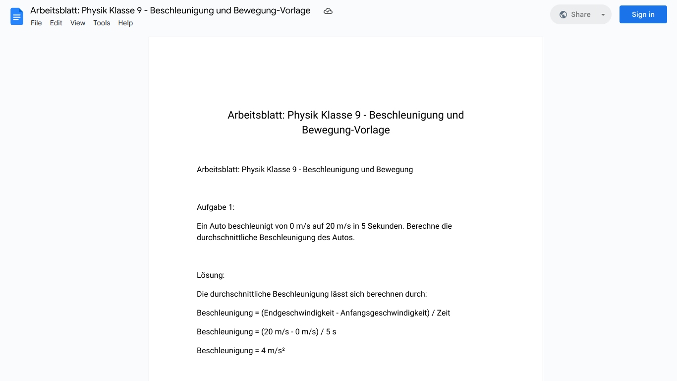 Arbeitsblatt: Physik Klasse 9 - Beschleunigung und Bewegung-Vorlage