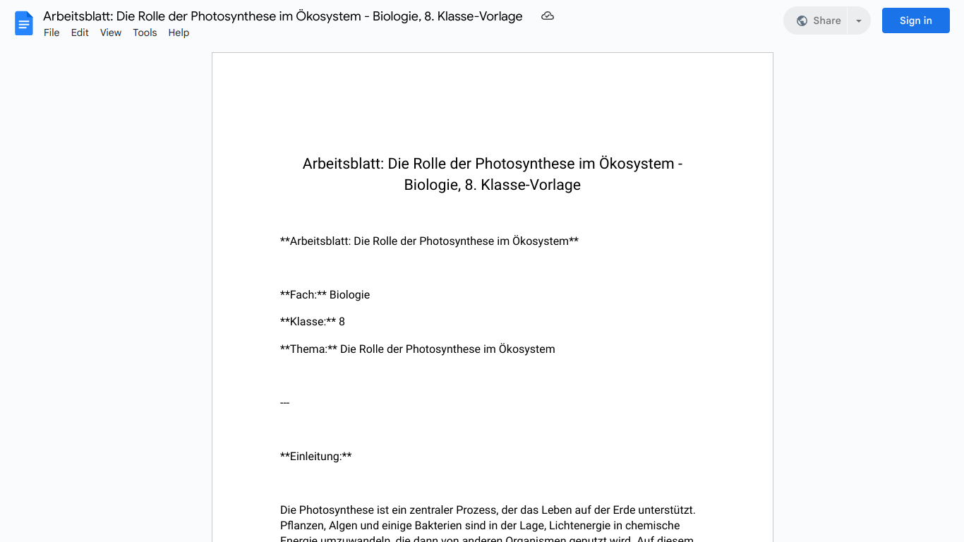 Arbeitsblatt: Die Rolle der Photosynthese im Ökosystem - Biologie, 8. Klasse-Vorlage