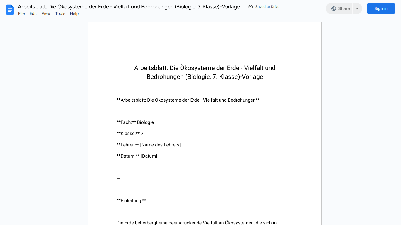 Arbeitsblatt: Die Ökosysteme der Erde - Vielfalt und Bedrohungen (Biologie, 7. Klasse)-Vorlage