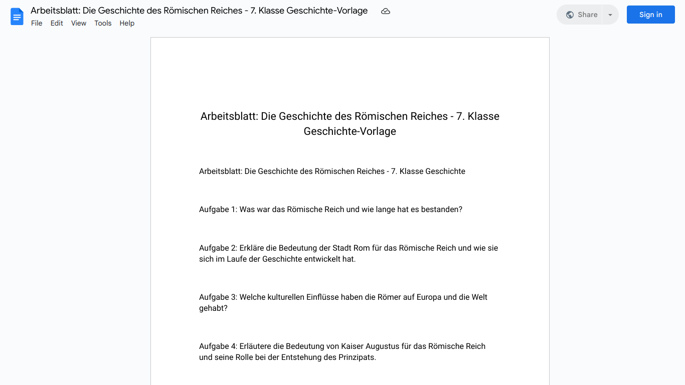 Arbeitsblatt: Die Geschichte des Römischen Reiches - 7. Klasse Geschichte-Vorlage