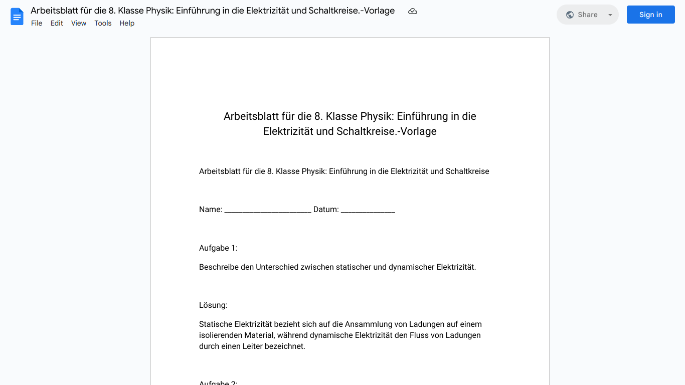 Arbeitsblatt für die 8. Klasse Physik: Einführung in die Elektrizität und Schaltkreise.-Vorlage