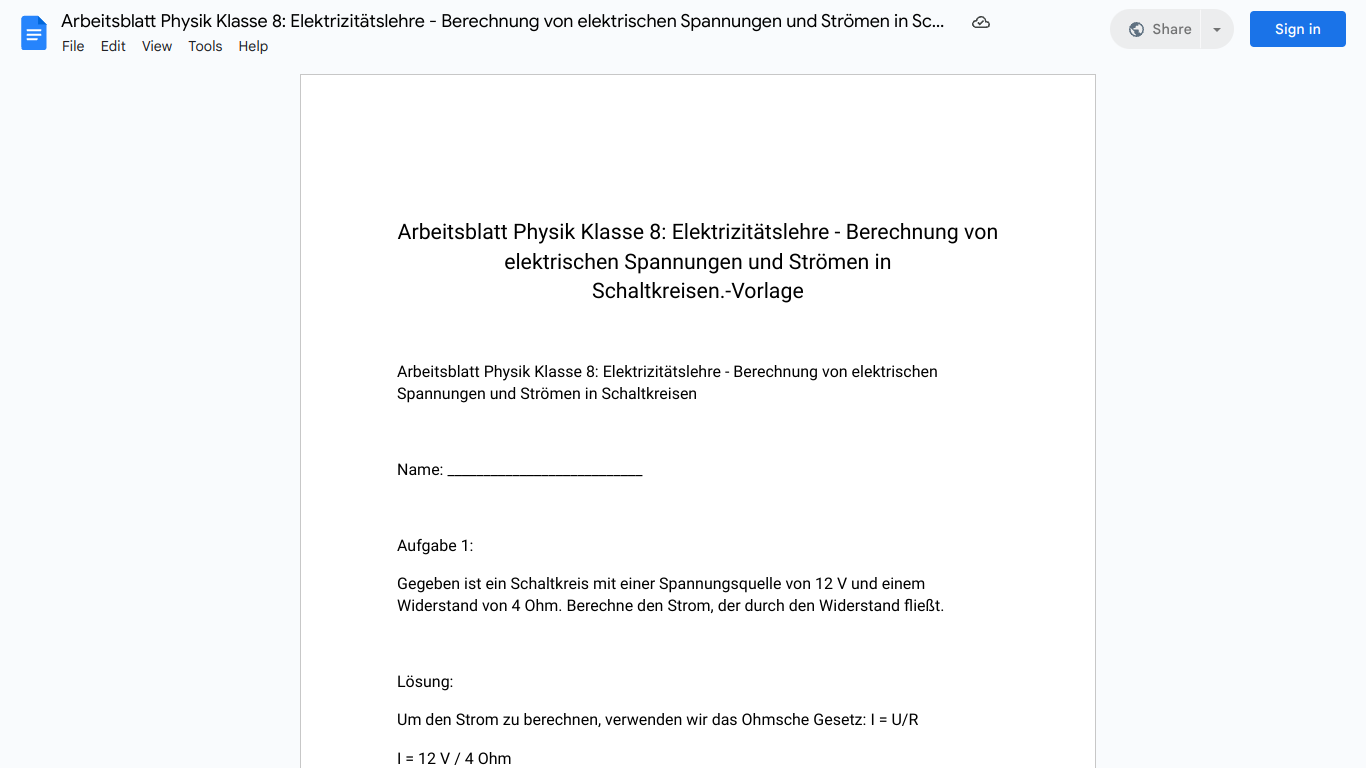 Arbeitsblatt Physik Klasse 8: Elektrizitätslehre - Berechnung von elektrischen Spannungen und Strömen in Schaltkreisen.-Vorlage