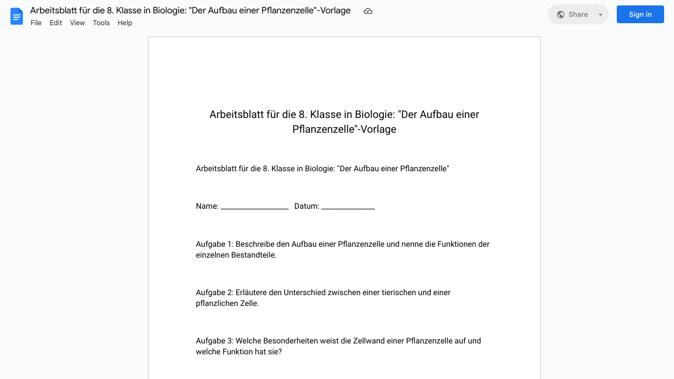 Arbeitsblatt für die 8. Klasse in Biologie: "Der Aufbau einer Pflanzenzelle"-Vorlage