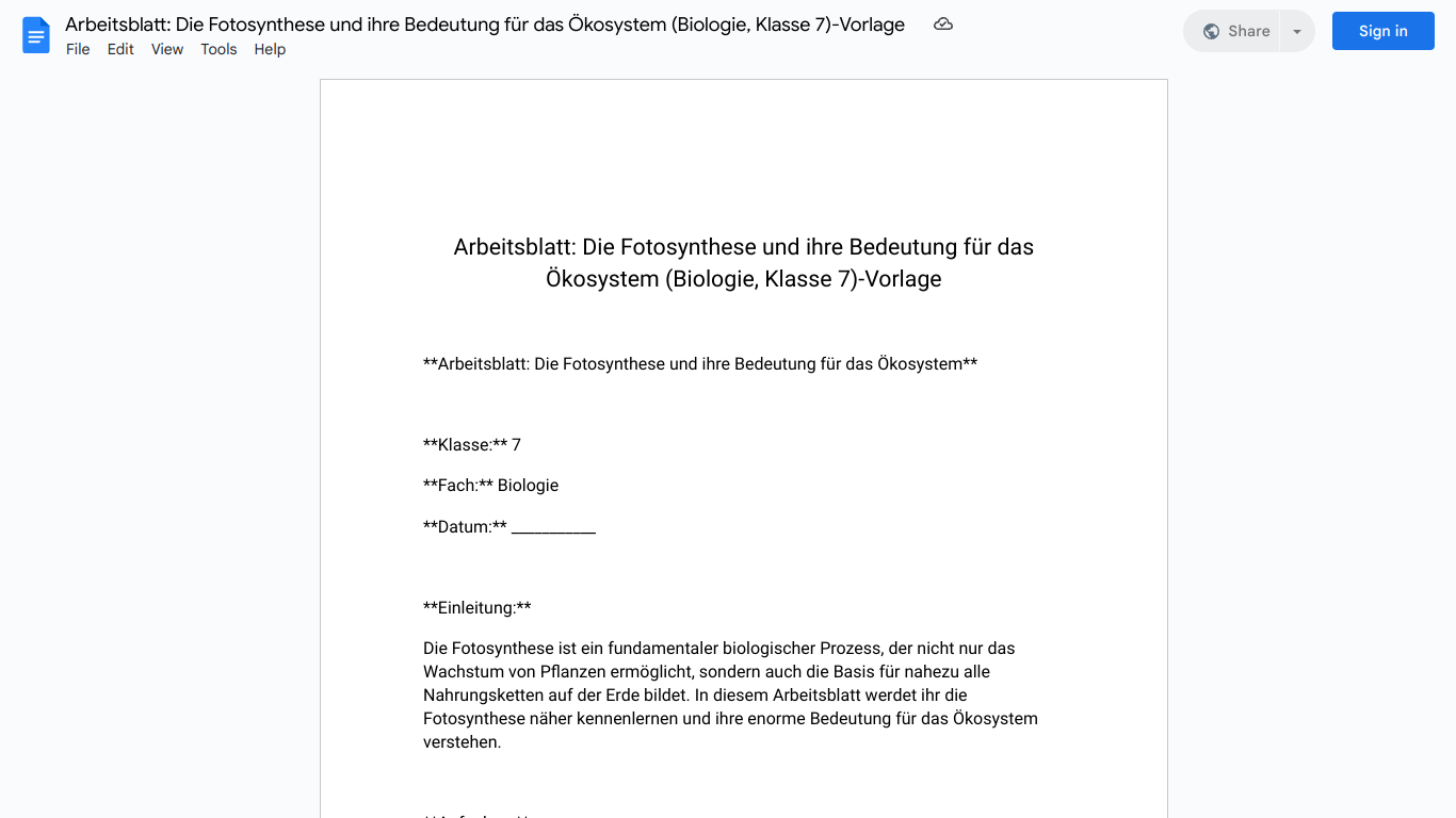 Arbeitsblatt: Die Fotosynthese und ihre Bedeutung für das Ökosystem (Biologie, Klasse 7)-Vorlage