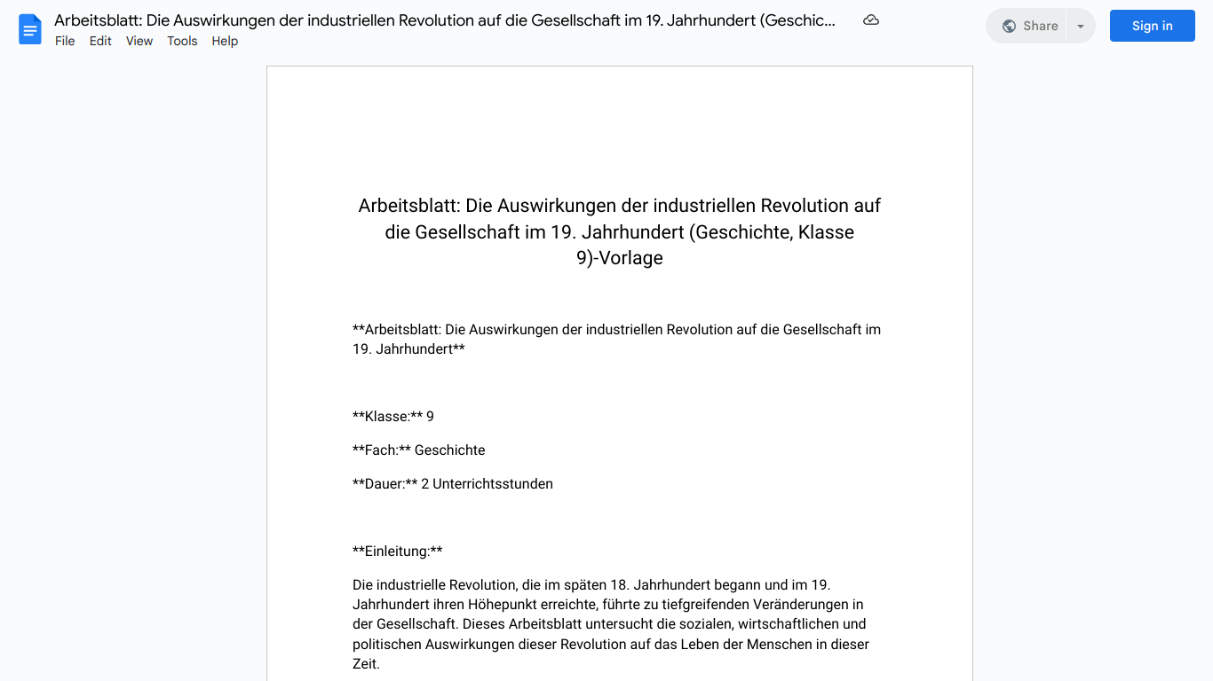 Arbeitsblatt: Die Auswirkungen der industriellen Revolution auf die Gesellschaft im 19. Jahrhundert (Geschichte, Klasse 9)-Vorlage