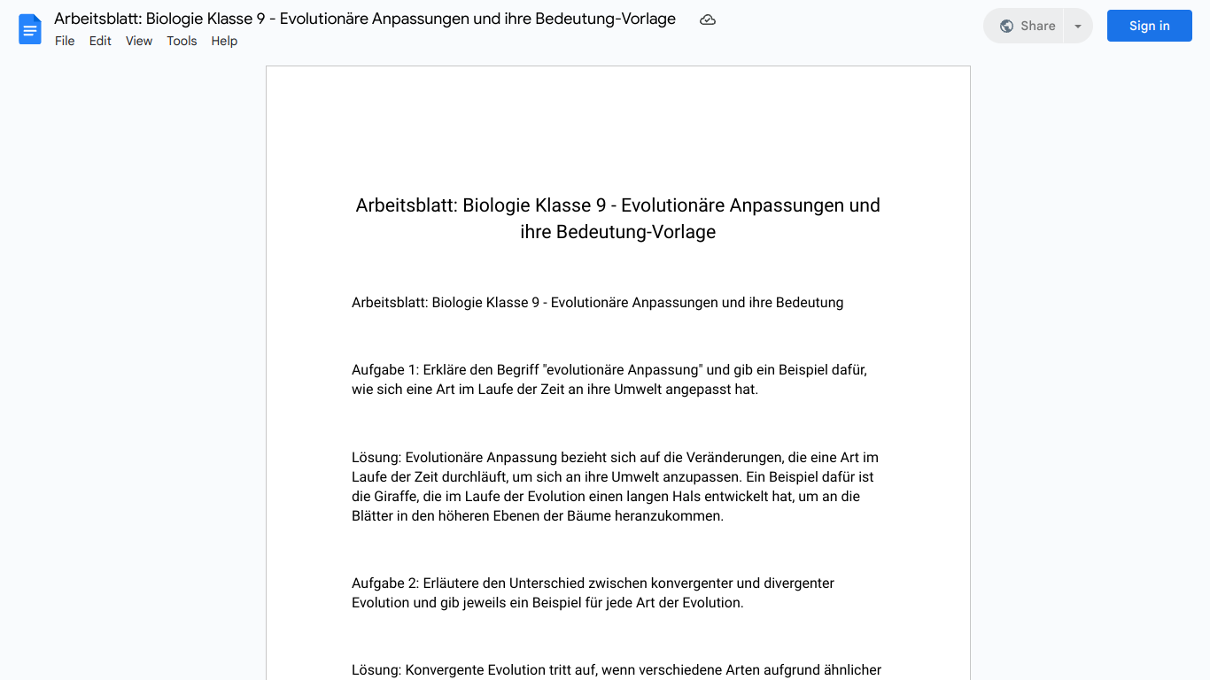 Arbeitsblatt: Biologie Klasse 9 - Evolutionäre Anpassungen und ihre Bedeutung-Vorlage