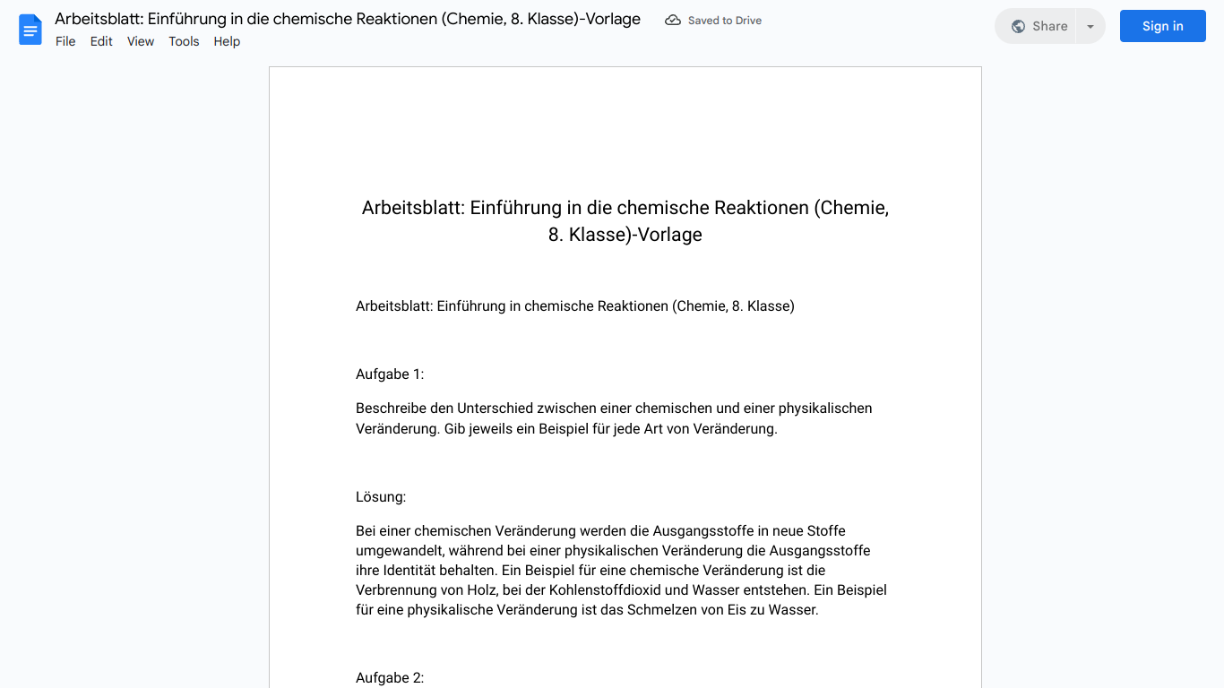 Arbeitsblatt: Einführung in die chemische Reaktionen (Chemie, 8. Klasse)-Vorlage