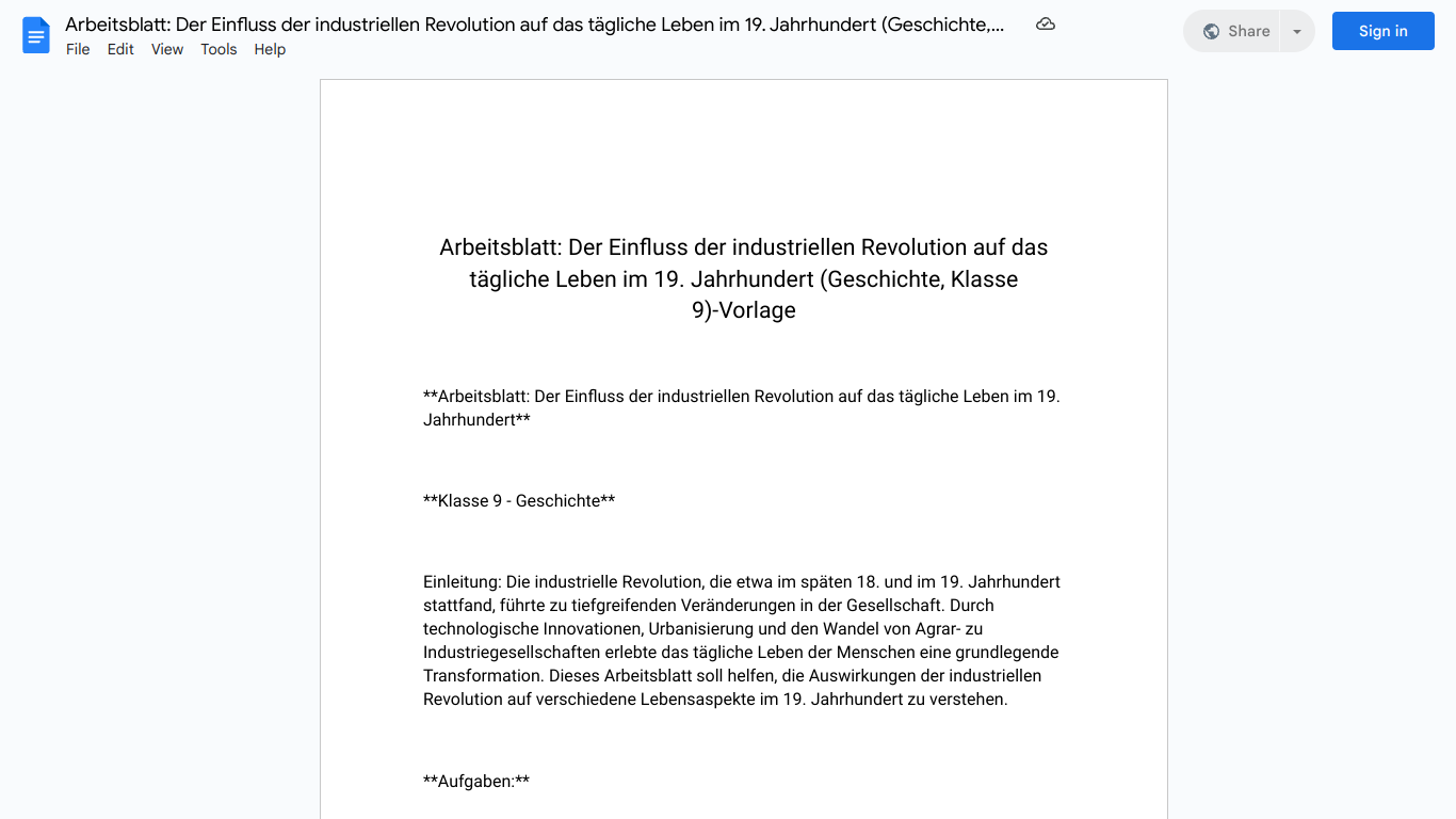 Arbeitsblatt: Der Einfluss der industriellen Revolution auf das tägliche Leben im 19. Jahrhundert (Geschichte, Klasse 9)-Vorlage