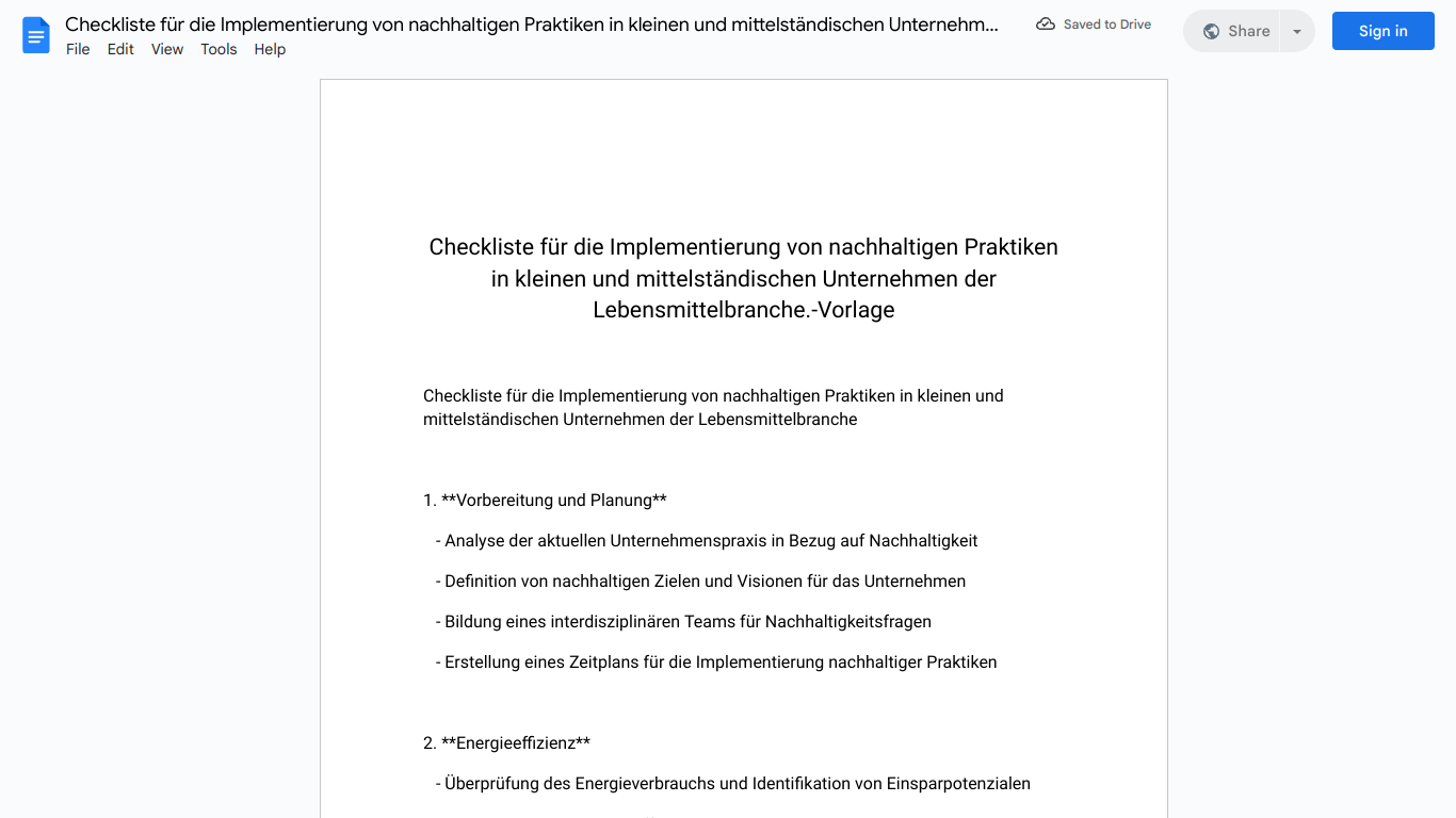 Checkliste für die Implementierung von nachhaltigen Praktiken in kleinen und mittelständischen Unternehmen der Lebensmittelbranche.-Vorlage