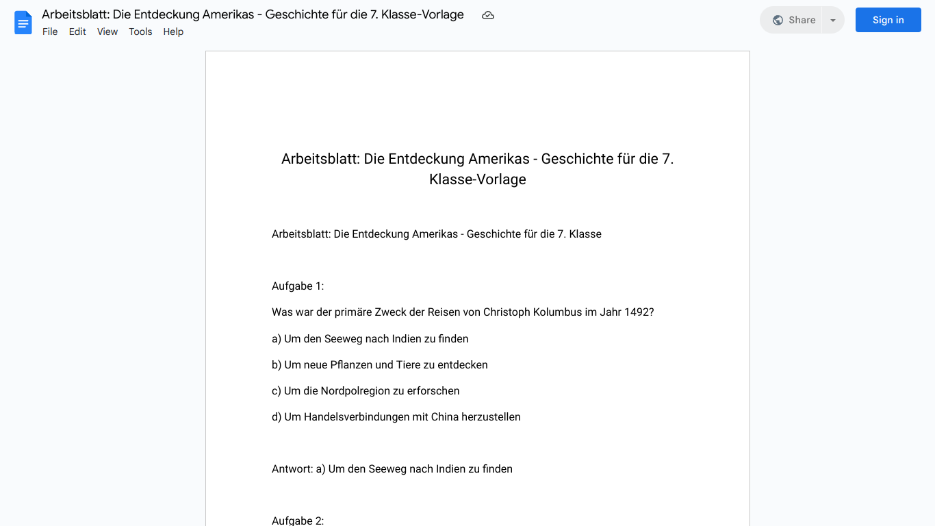 Arbeitsblatt: Die Entdeckung Amerikas - Geschichte für die 7. Klasse-Vorlage