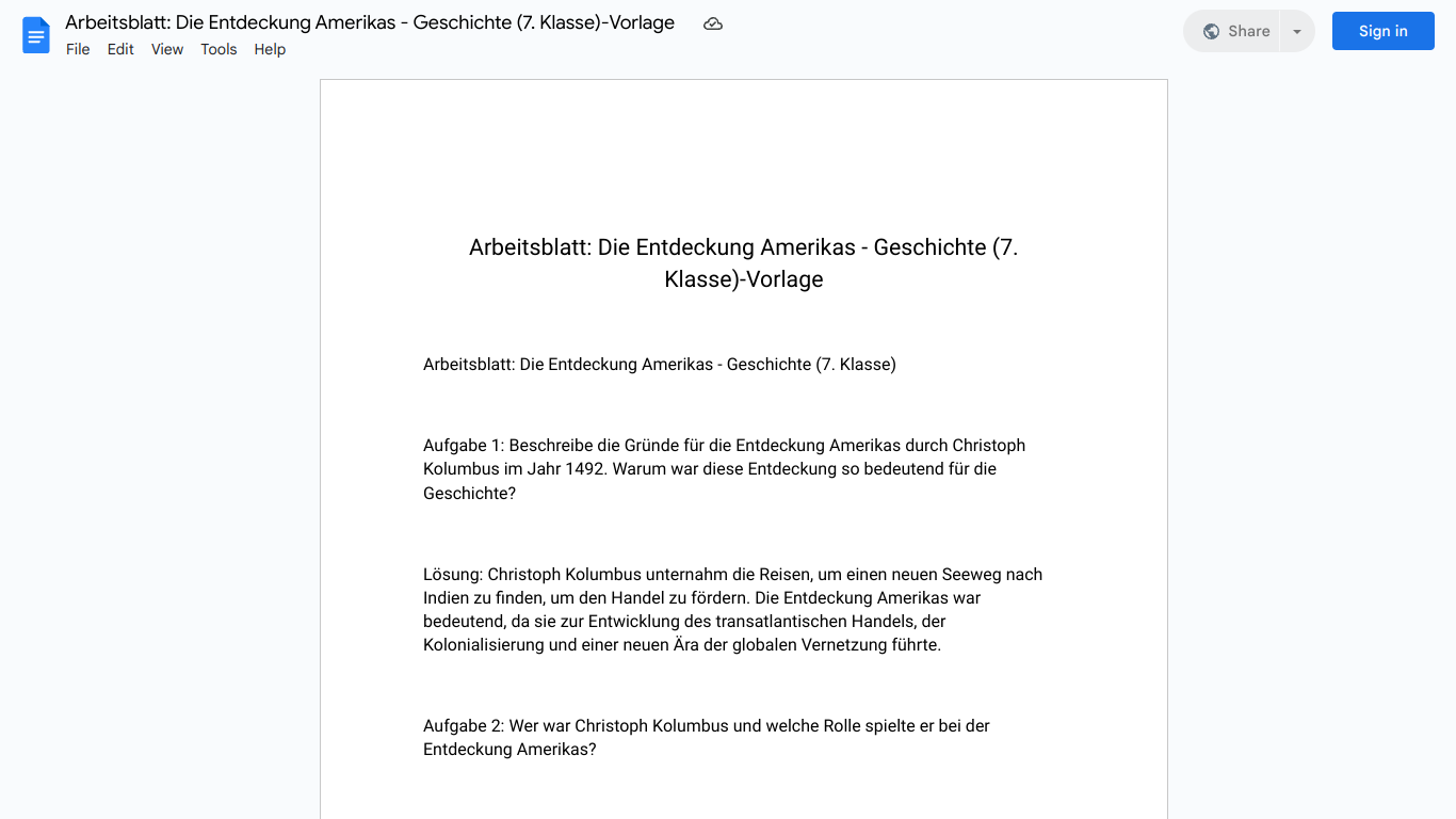 Arbeitsblatt: Die Entdeckung Amerikas - Geschichte (7. Klasse)-Vorlage