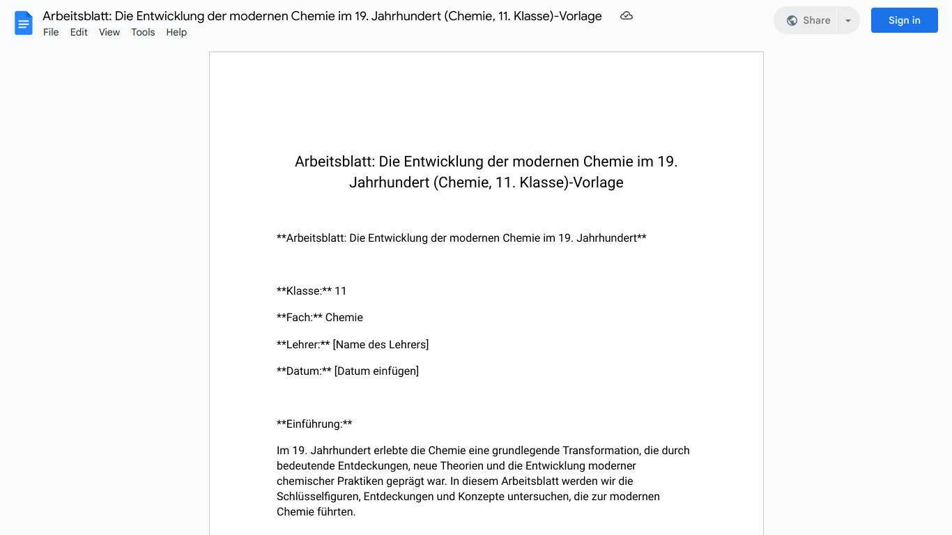 Arbeitsblatt: Die Entwicklung der modernen Chemie im 19. Jahrhundert (Chemie, 11. Klasse)-Vorlage