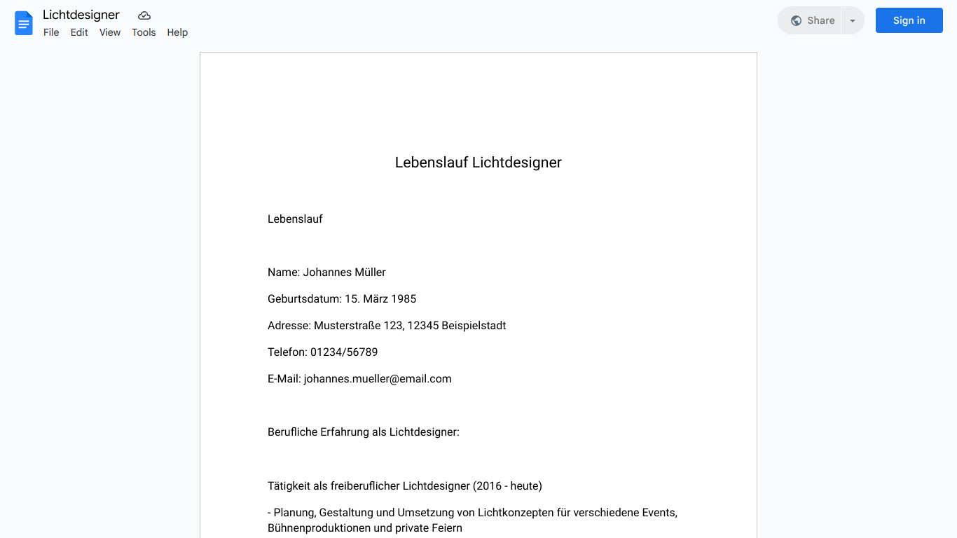 Lebenslauf-Lichtdesigner