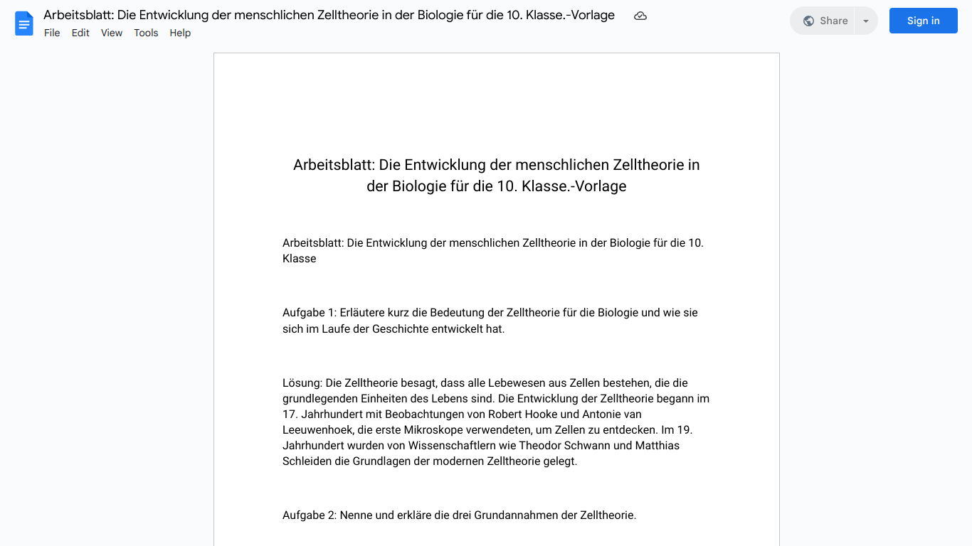 Arbeitsblatt: Die Entwicklung der menschlichen Zelltheorie in der Biologie für die 10. Klasse.-Vorlage