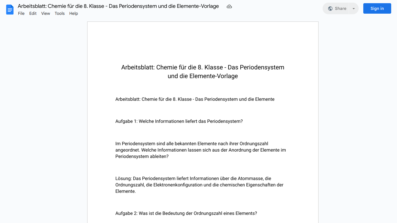 Arbeitsblatt: Chemie für die 8. Klasse - Das Periodensystem und die Elemente-Vorlage