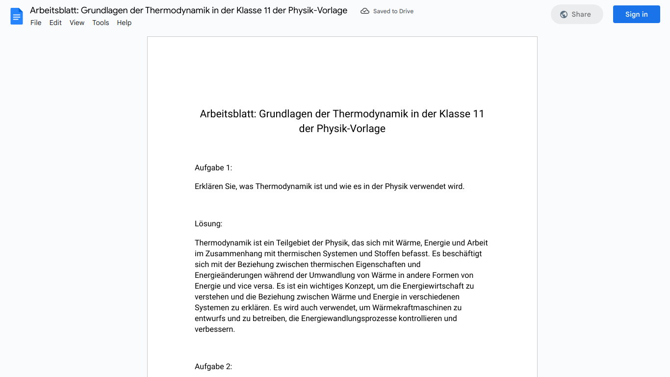 Arbeitsblatt: Grundlagen der Thermodynamik in der Klasse 11 der Physik-Vorlage