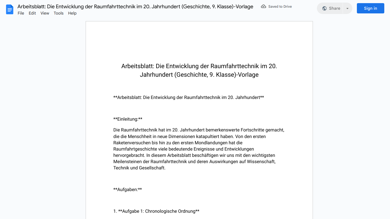 Arbeitsblatt: Die Entwicklung der Raumfahrttechnik im 20. Jahrhundert (Geschichte, 9. Klasse)-Vorlage