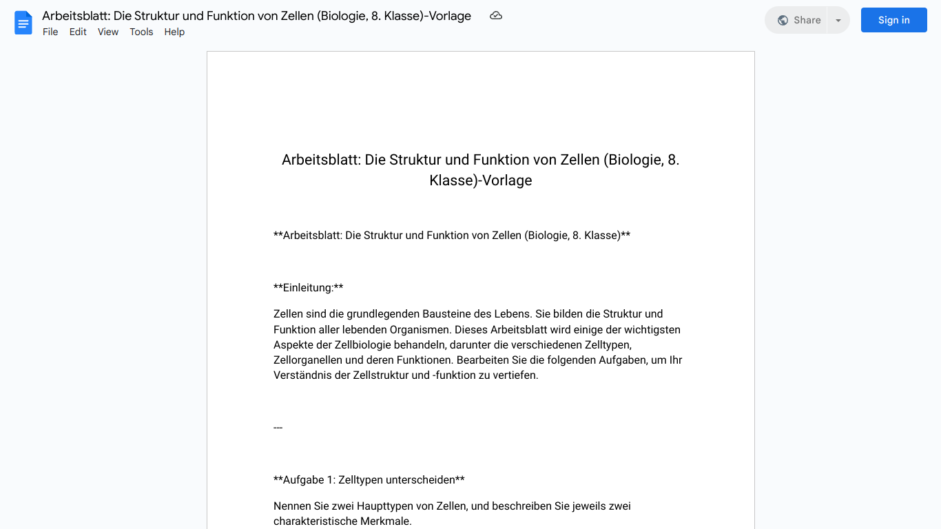 Arbeitsblatt: Die Struktur und Funktion von Zellen (Biologie, 8. Klasse)-Vorlage