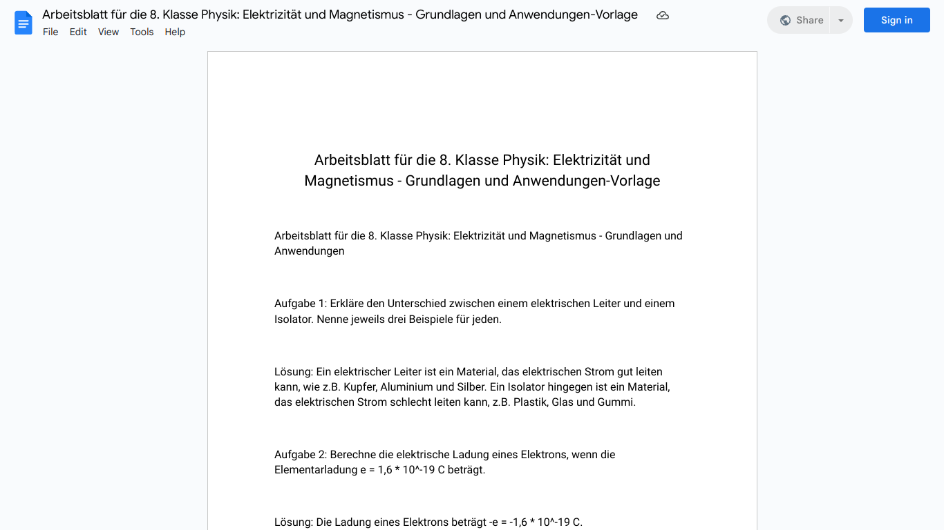 Arbeitsblatt für die 8. Klasse Physik: Elektrizität und Magnetismus - Grundlagen und Anwendungen-Vorlage