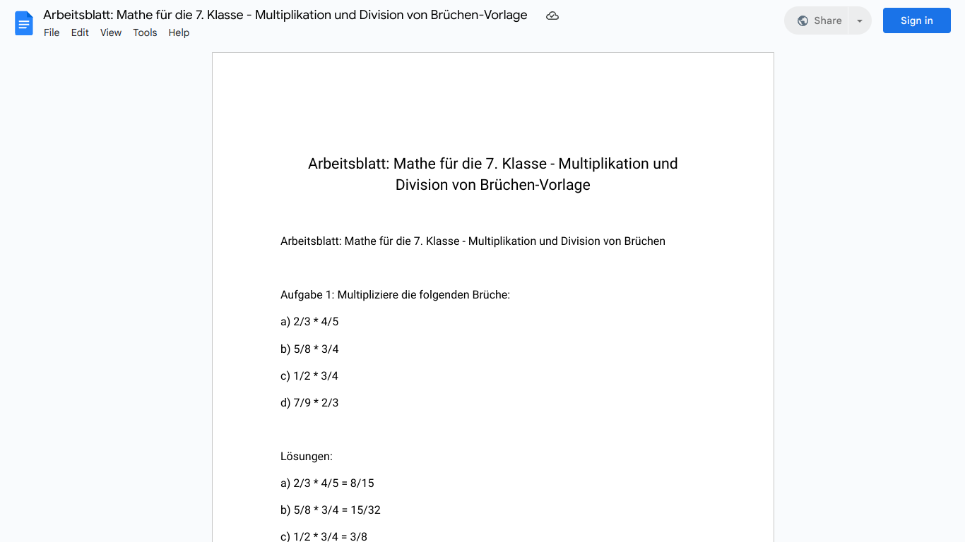 Arbeitsblatt: Mathe für die 7. Klasse - Multiplikation und Division von Brüchen-Vorlage