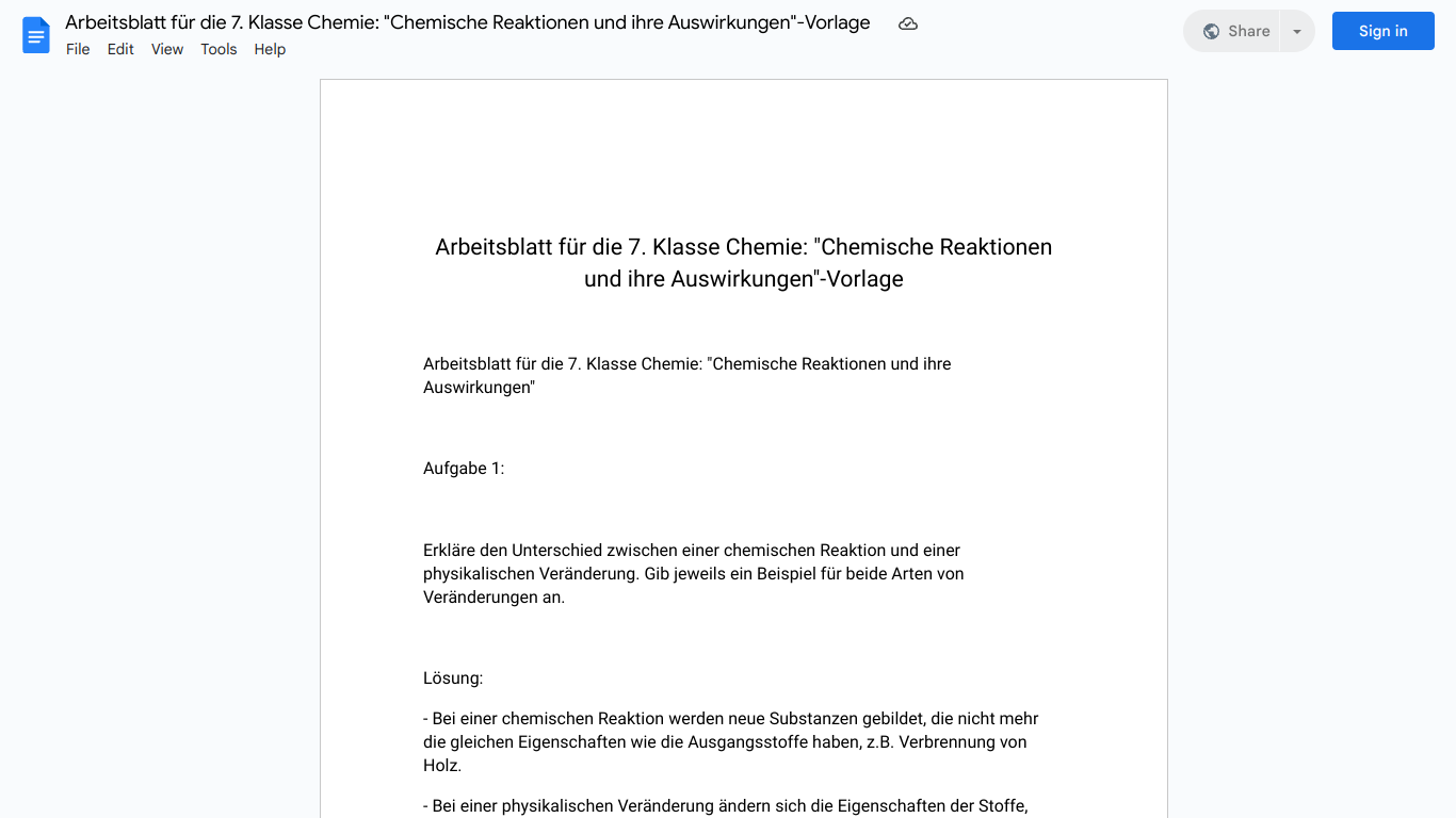 Arbeitsblatt für die 7. Klasse Chemie: "Chemische Reaktionen und ihre Auswirkungen"-Vorlage