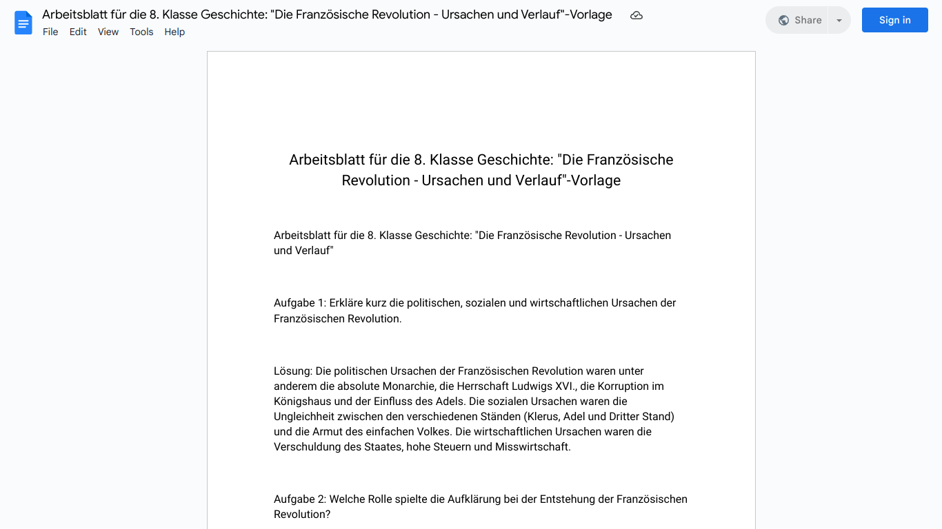 Arbeitsblatt für die 8. Klasse Geschichte: "Die Französische Revolution - Ursachen und Verlauf"-Vorlage