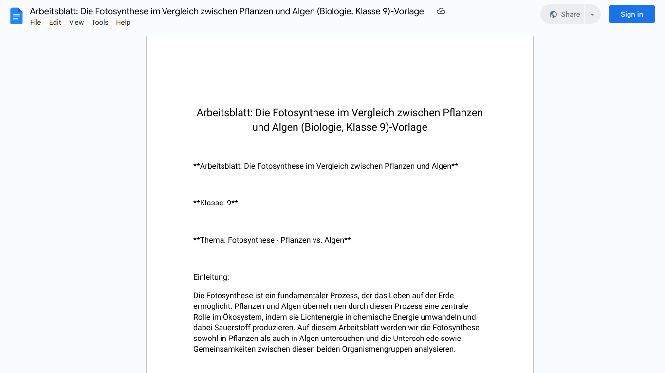 Arbeitsblatt: Die Fotosynthese im Vergleich zwischen Pflanzen und Algen (Biologie, Klasse 9)-Vorlage