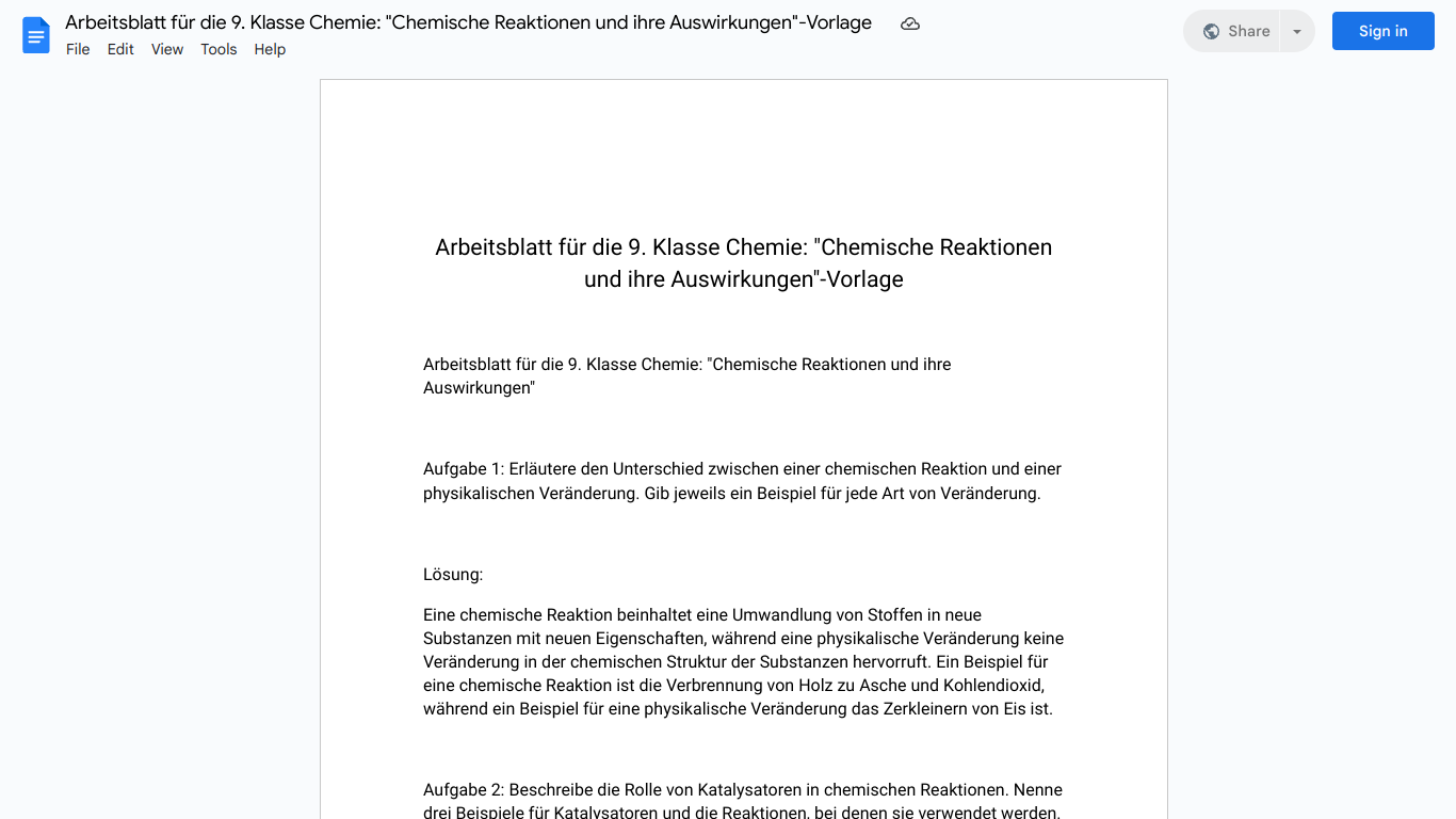 Arbeitsblatt für die 9. Klasse Chemie: "Chemische Reaktionen und ihre Auswirkungen"-Vorlage