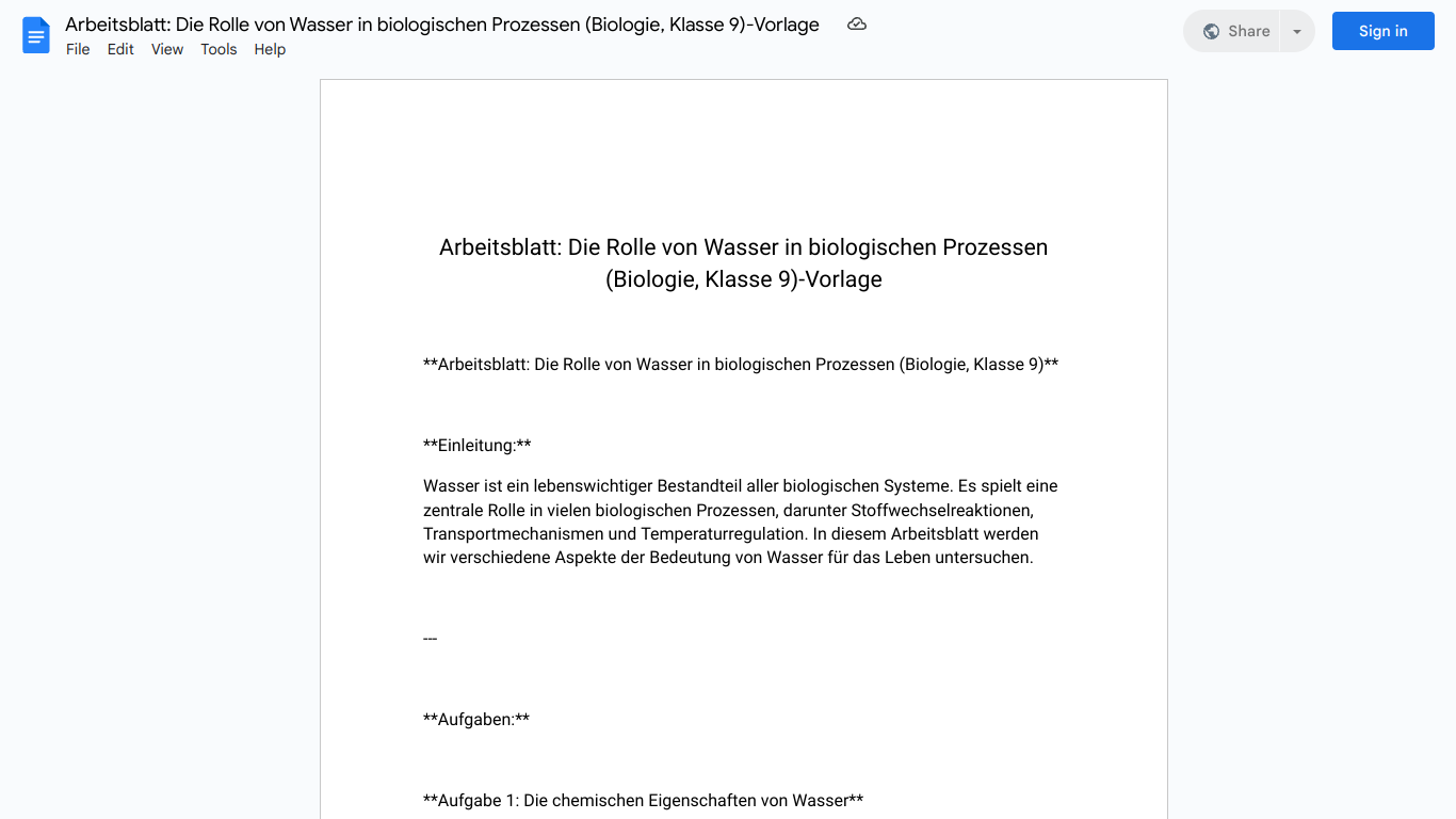 Arbeitsblatt: Die Rolle von Wasser in biologischen Prozessen (Biologie, Klasse 9)-Vorlage