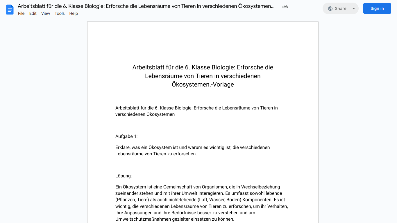 Arbeitsblatt für die 6. Klasse Biologie: Erforsche die Lebensräume von Tieren in verschiedenen Ökosystemen.-Vorlage