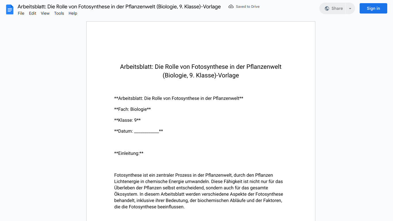 Arbeitsblatt: Die Rolle von Fotosynthese in der Pflanzenwelt (Biologie, 9. Klasse)-Vorlage