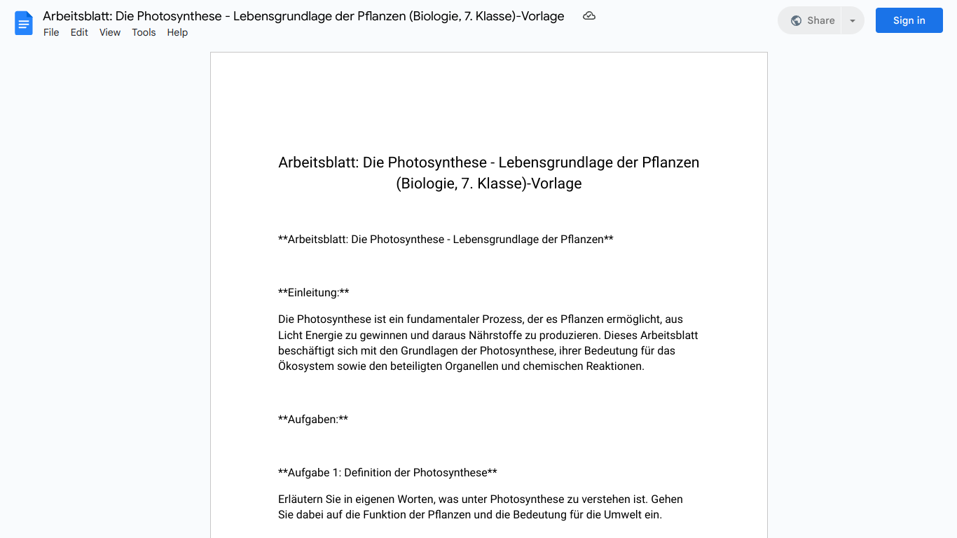 Arbeitsblatt: Die Photosynthese - Lebensgrundlage der Pflanzen (Biologie, 7. Klasse)-Vorlage