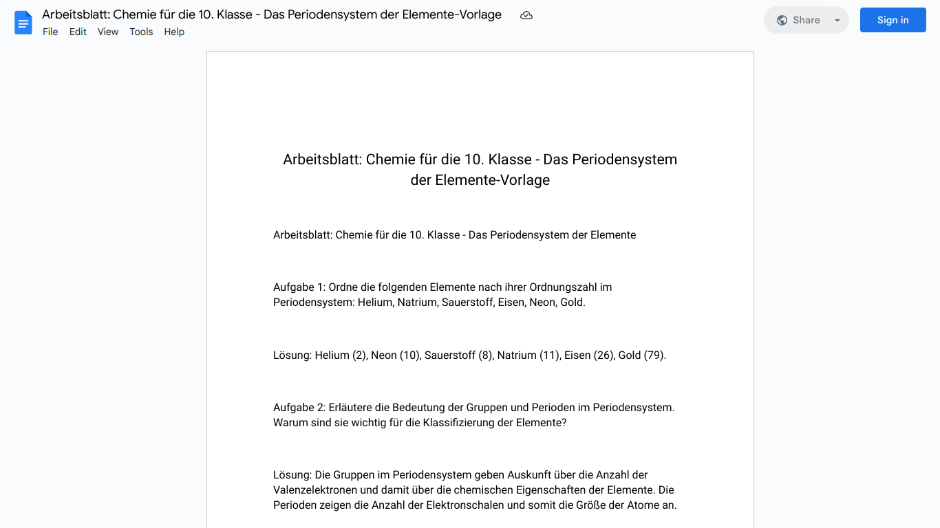 Arbeitsblatt: Chemie für die 10. Klasse - Das Periodensystem der Elemente-Vorlage