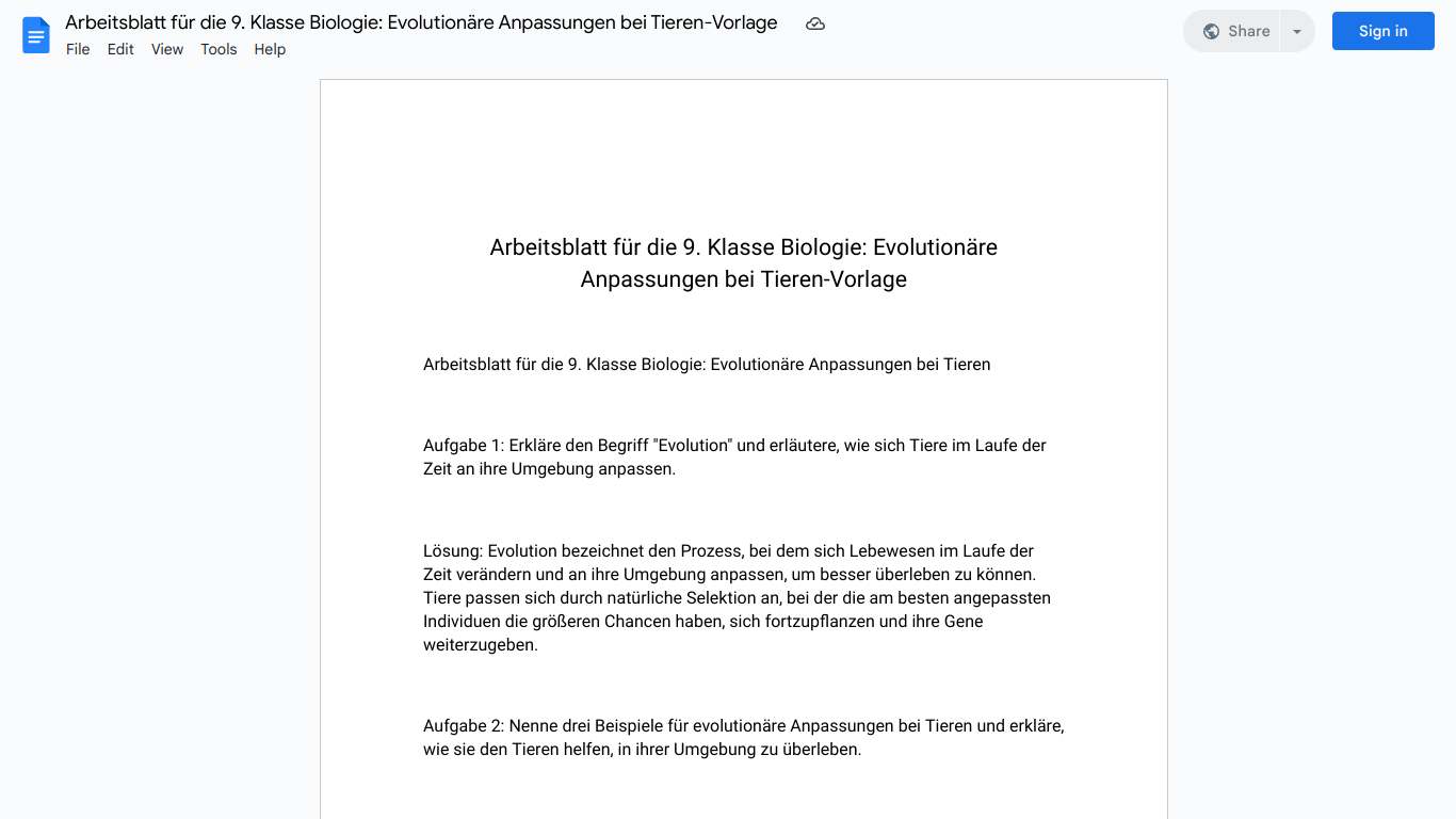 Arbeitsblatt für die 9. Klasse Biologie: Evolutionäre Anpassungen bei Tieren-Vorlage