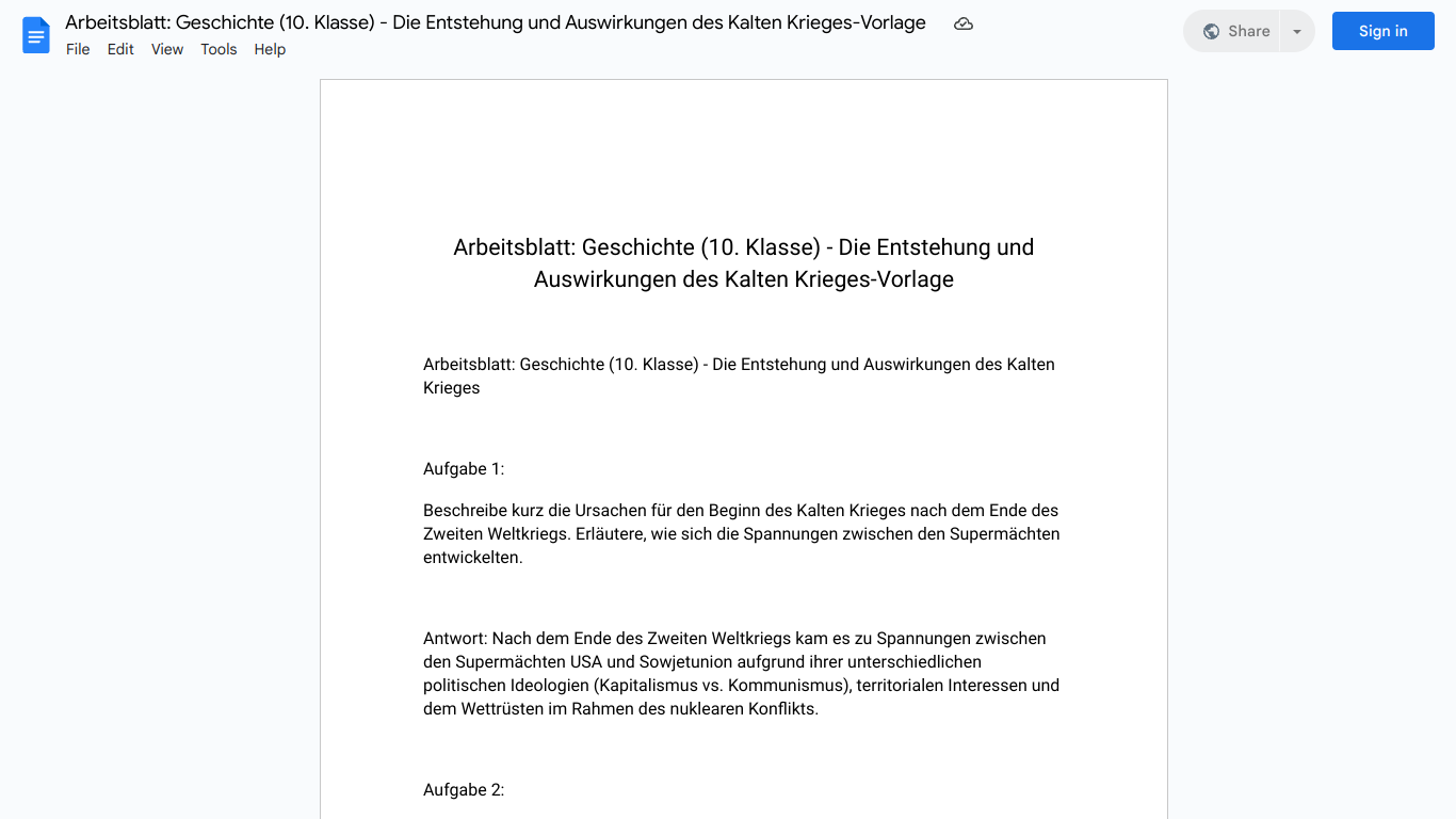 Arbeitsblatt: Geschichte (10. Klasse) - Die Entstehung und Auswirkungen des Kalten Krieges-Vorlage