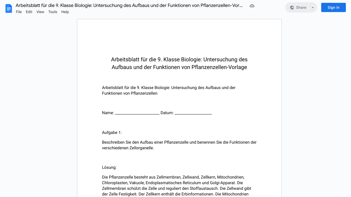 Arbeitsblatt für die 9. Klasse Biologie: Untersuchung des Aufbaus und der Funktionen von Pflanzenzellen-Vorlage