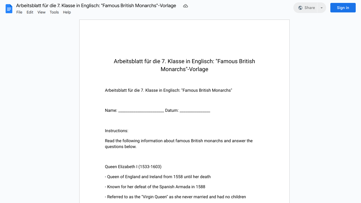 Arbeitsblatt für die 7. Klasse in Englisch: "Famous British Monarchs"-Vorlage