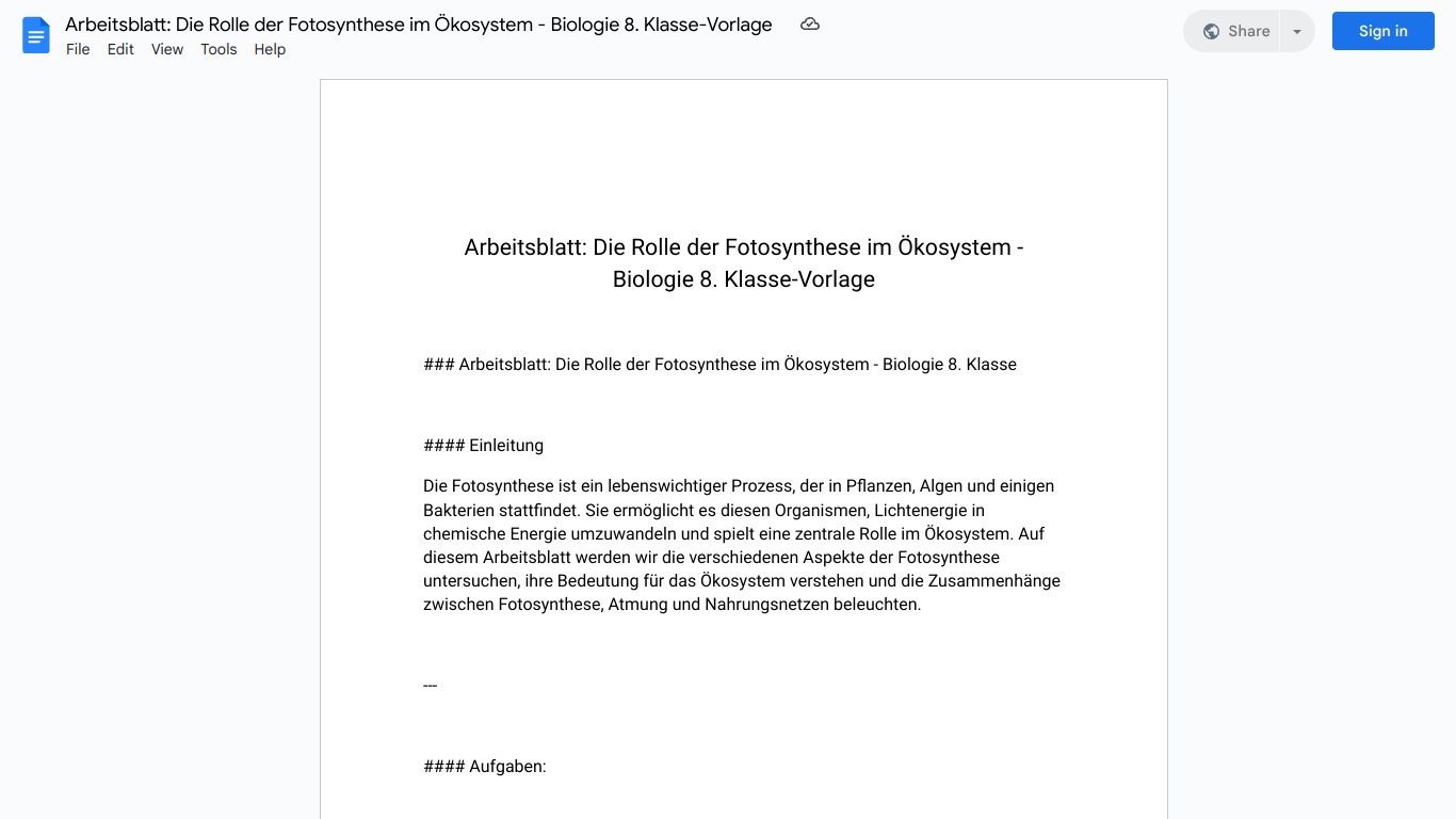 Arbeitsblatt: Die Rolle der Fotosynthese im Ökosystem - Biologie 8. Klasse-Vorlage