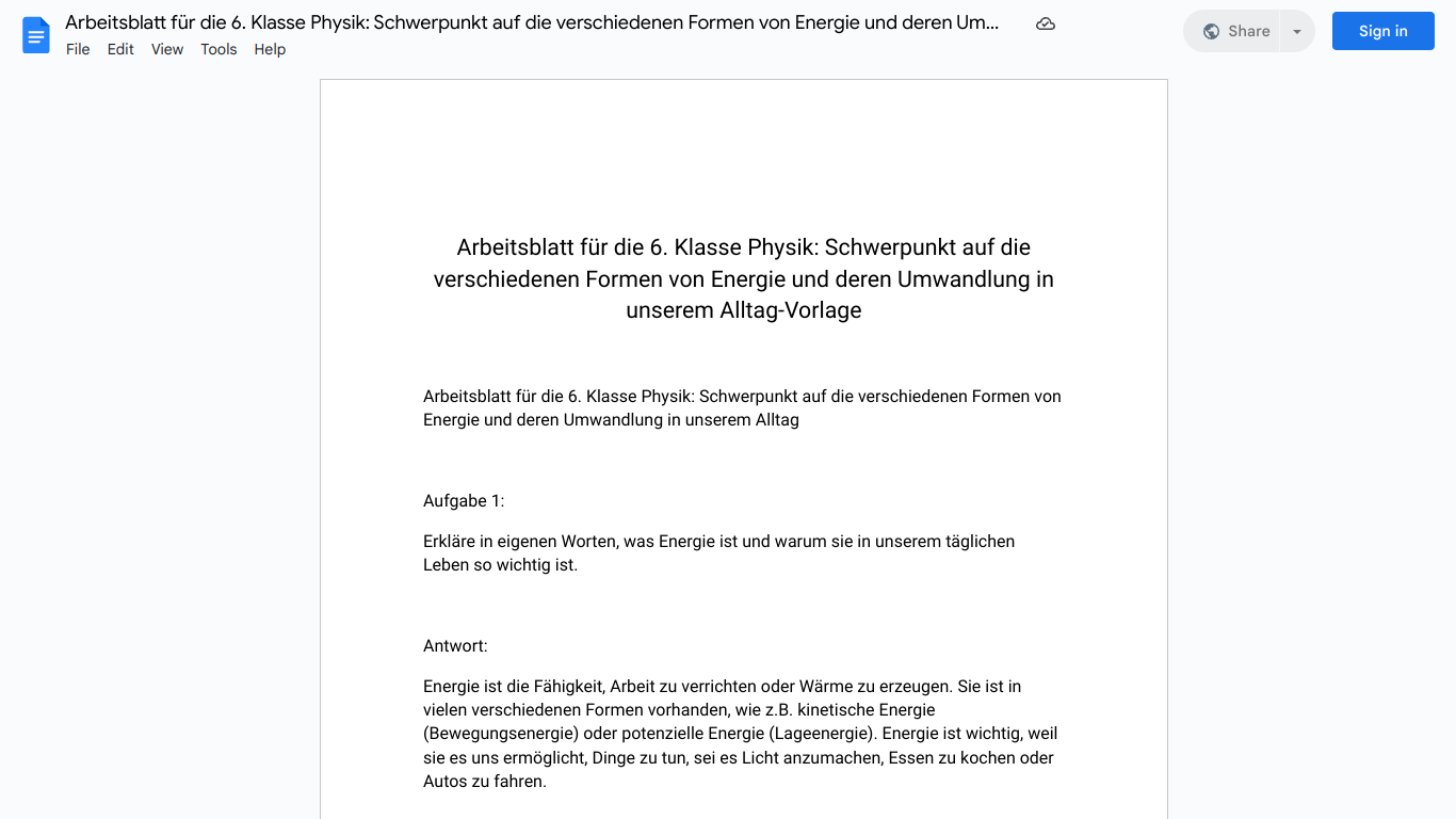 Arbeitsblatt für die 6. Klasse Physik: Schwerpunkt auf die verschiedenen Formen von Energie und deren Umwandlung in unserem Alltag-Vorlage