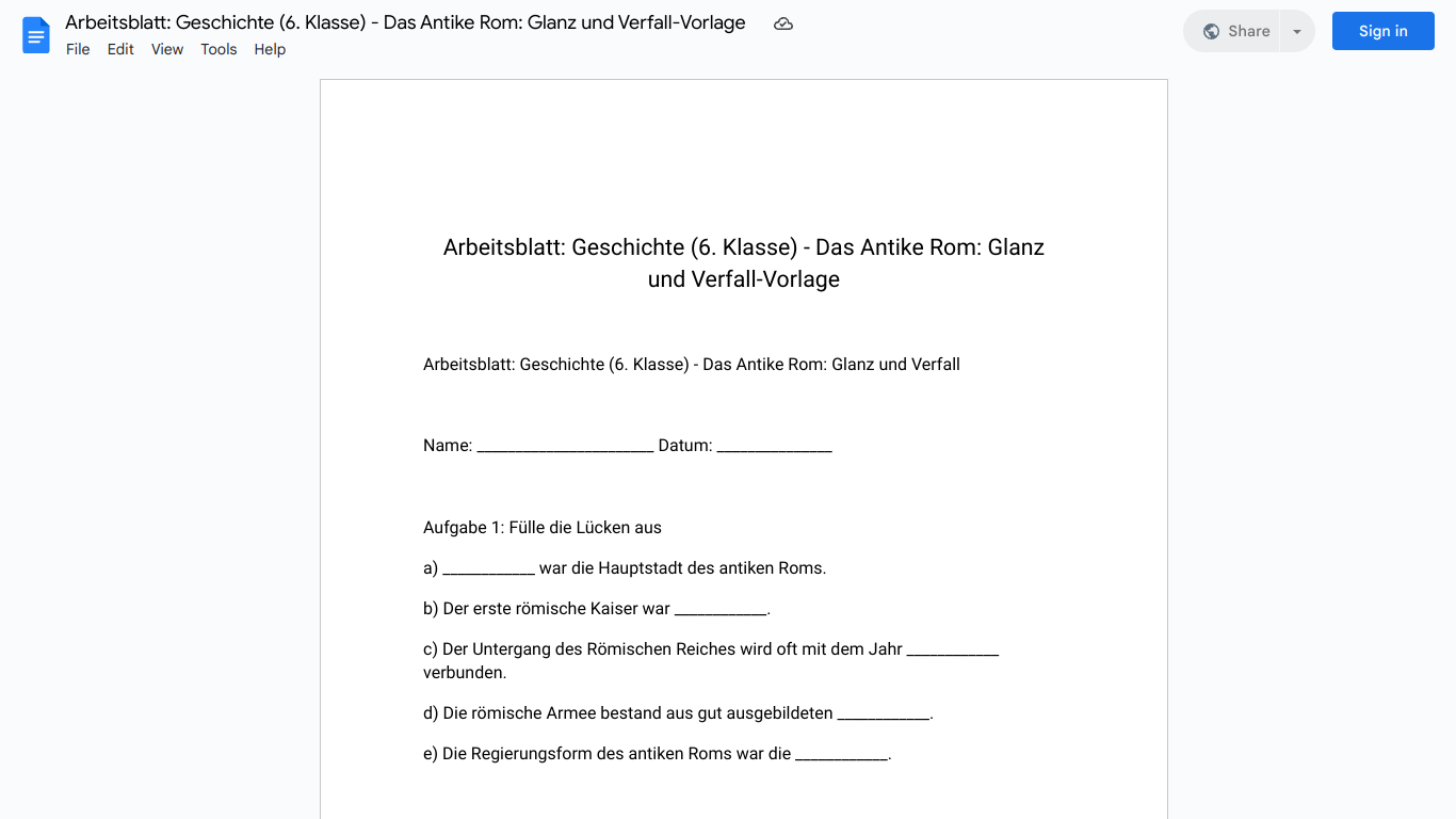 Arbeitsblatt: Geschichte (6. Klasse) - Das Antike Rom: Glanz und Verfall-Vorlage