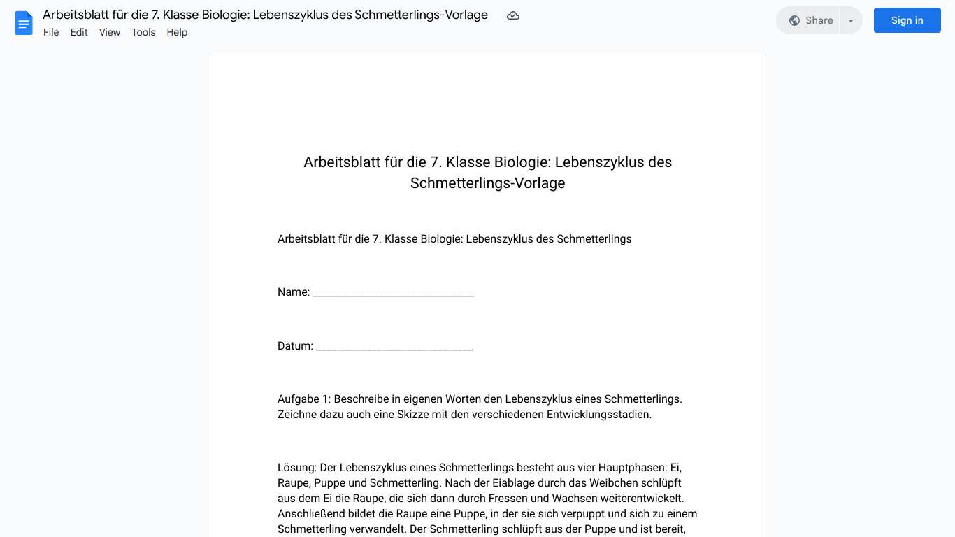 Arbeitsblatt für die 7. Klasse Biologie: Lebenszyklus des Schmetterlings-Vorlage