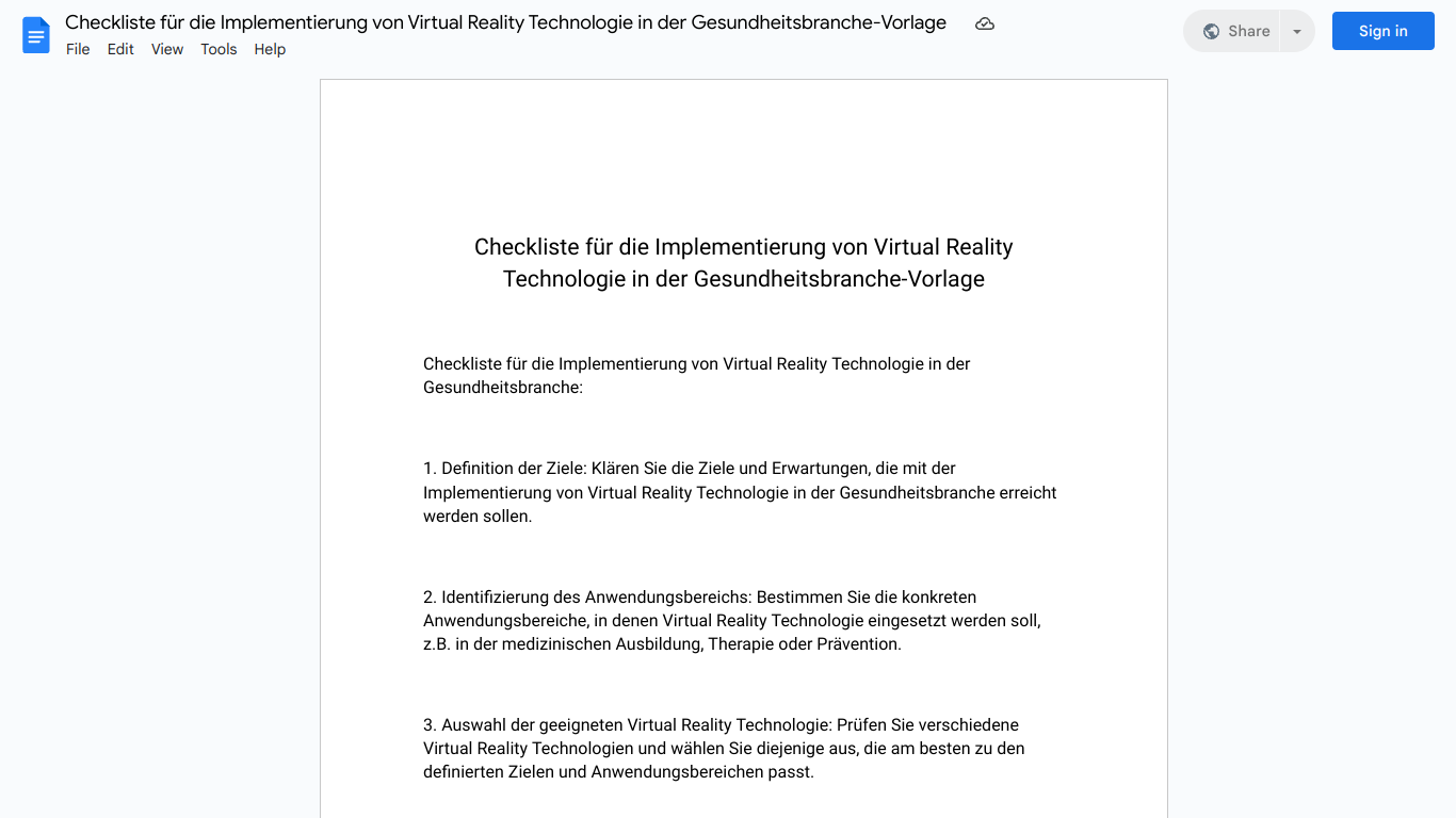 Checkliste für die Implementierung von Virtual Reality Technologie in der Gesundheitsbranche-Vorlage