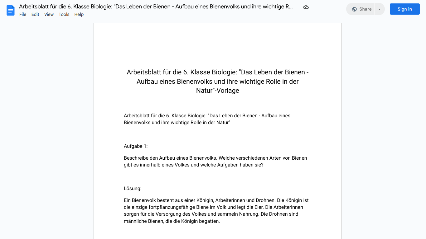 Arbeitsblatt für die 6. Klasse Biologie: "Das Leben der Bienen - Aufbau eines Bienenvolks und ihre wichtige Rolle in der Natur"-Vorlage