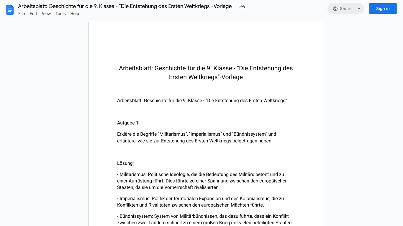 Arbeitsblatt: Geschichte für die 9. Klasse - "Die Entstehung des Ersten Weltkriegs"-Vorlage