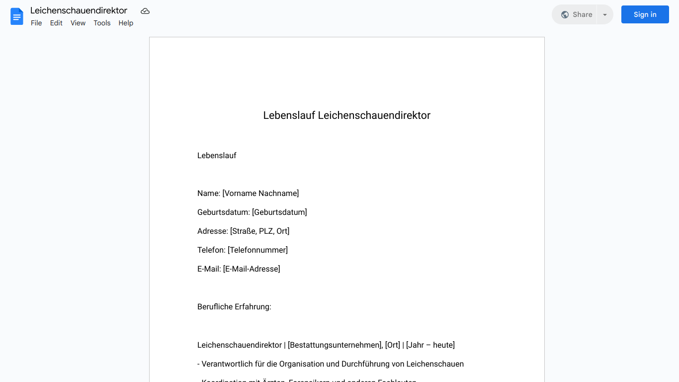 Lebenslauf-Leichenschauendirektor