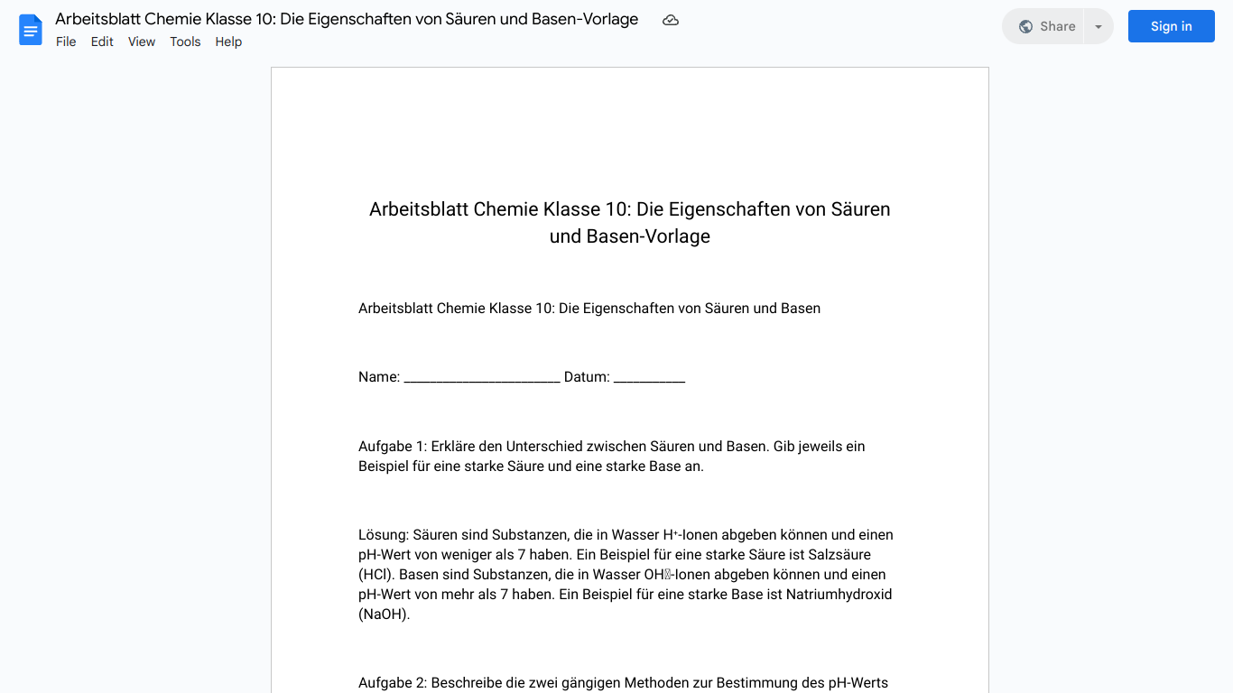 Arbeitsblatt Chemie Klasse 10: Die Eigenschaften von Säuren und Basen-Vorlage